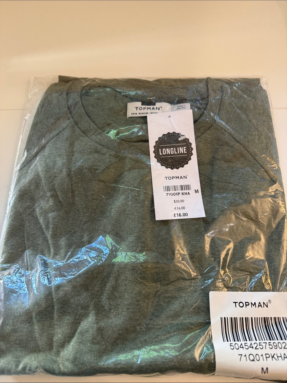 Unisex TOPMAN longline Olive Green Crew Tee shirt with the zipper accents
